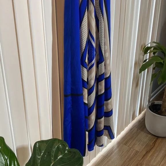 ELIZA J Blue Polka Dot Scarf Print Crepe de Chin Fit & Flare Halter Maxi Dress - Picture 6 of 12